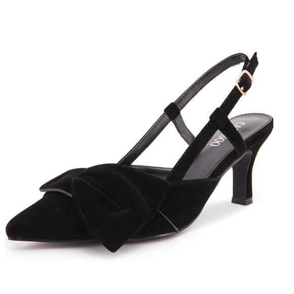 CAMSCOO Shoes - CAMSCOO Black Suede Pointed Toe Slingback Bow Kitten Heels Women Size‎ 7.5